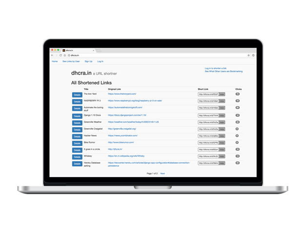 dhcra.in URL shortener — Django web application screenshot